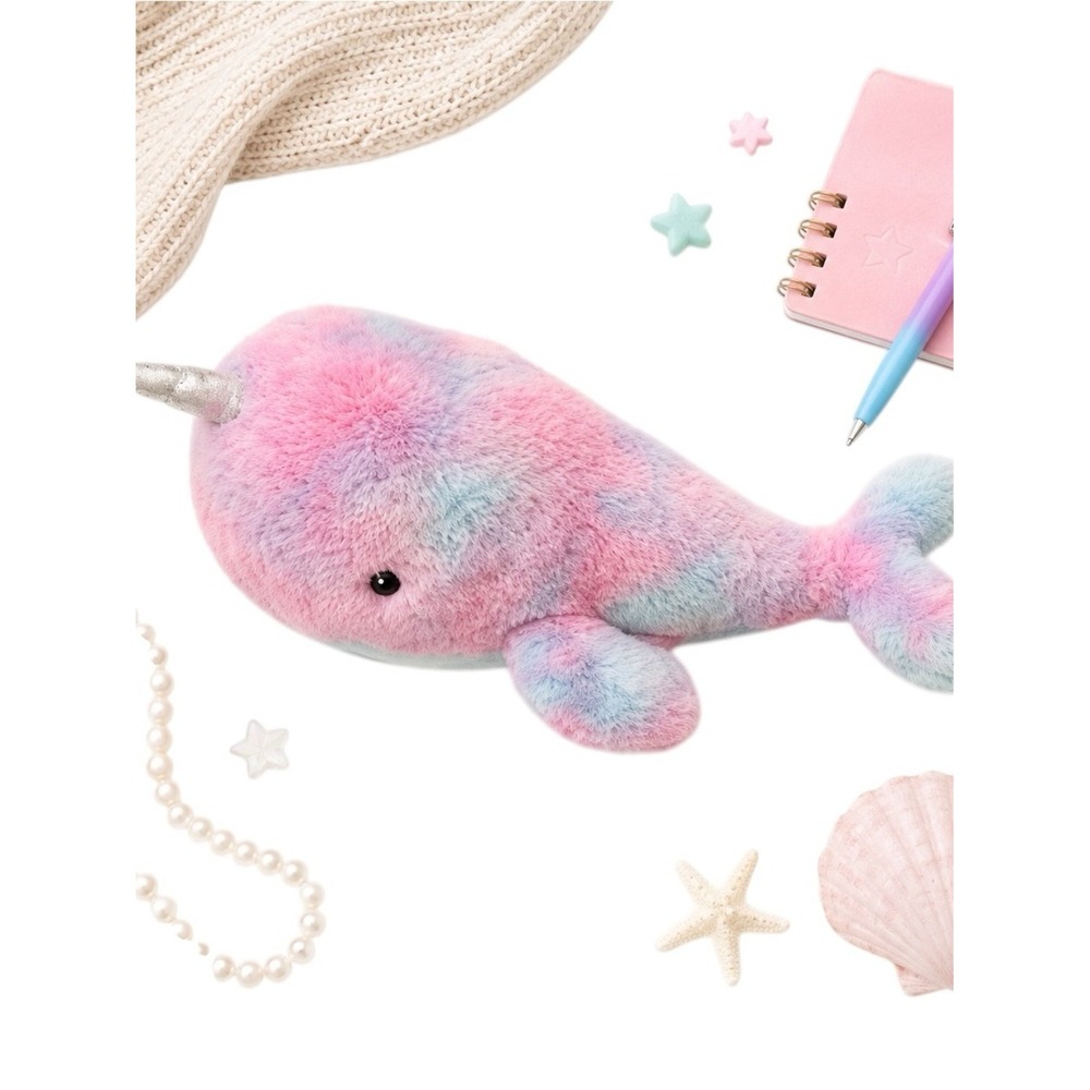 FAO Schwarz Pastel Rainbow Narwhal Plush Sparkle Horn Stuffed Animal EUC 13 inch